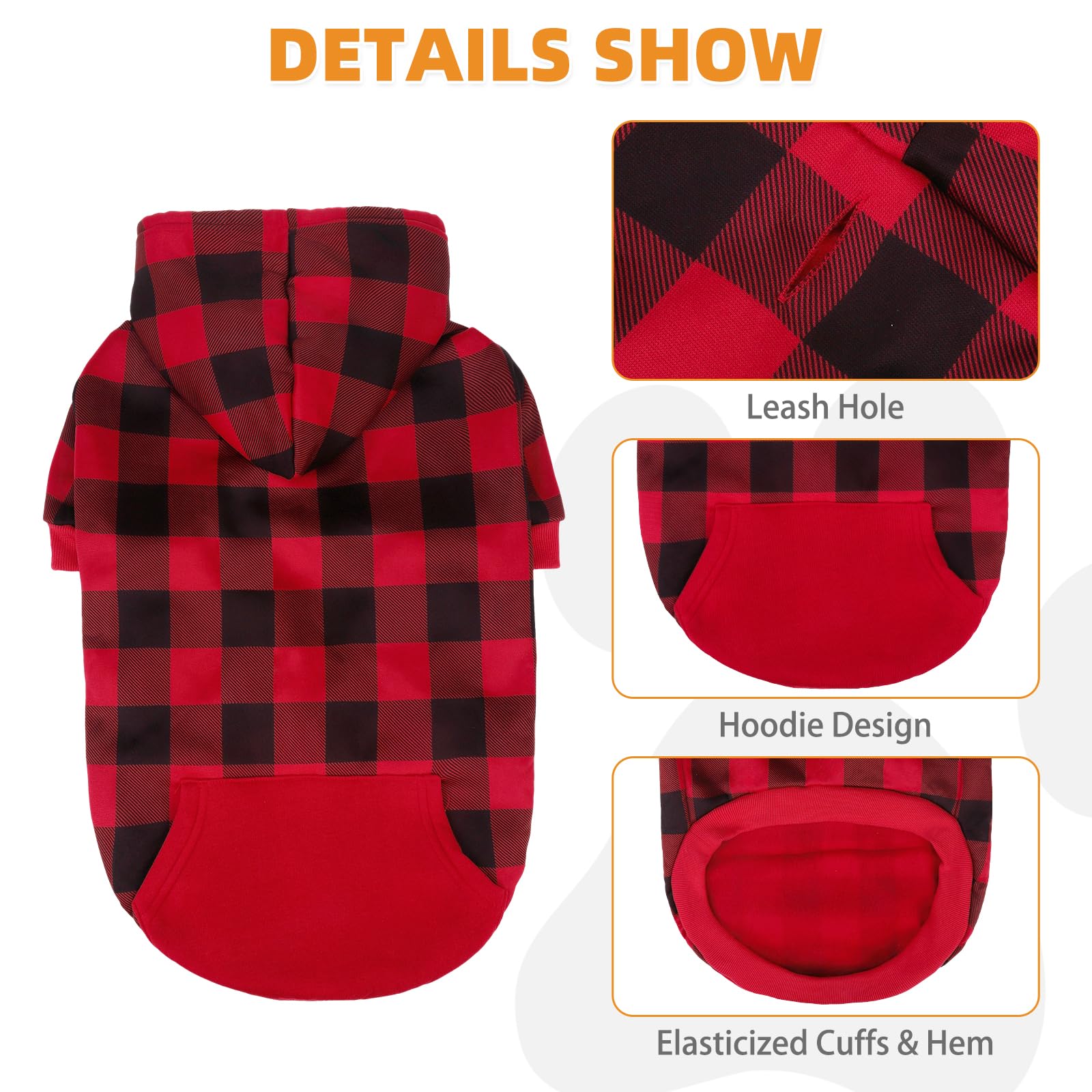 KOOLTAIL Plaid Dog Hoodie with Hat and Pocket - Red Large for Broad-Chested Dogs