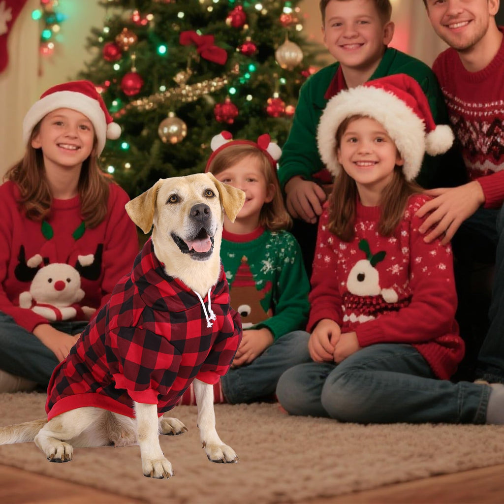 KOOLTAIL Plaid Dog Hoodie with Hat and Pocket - Red Large for Broad-Chested Dogs