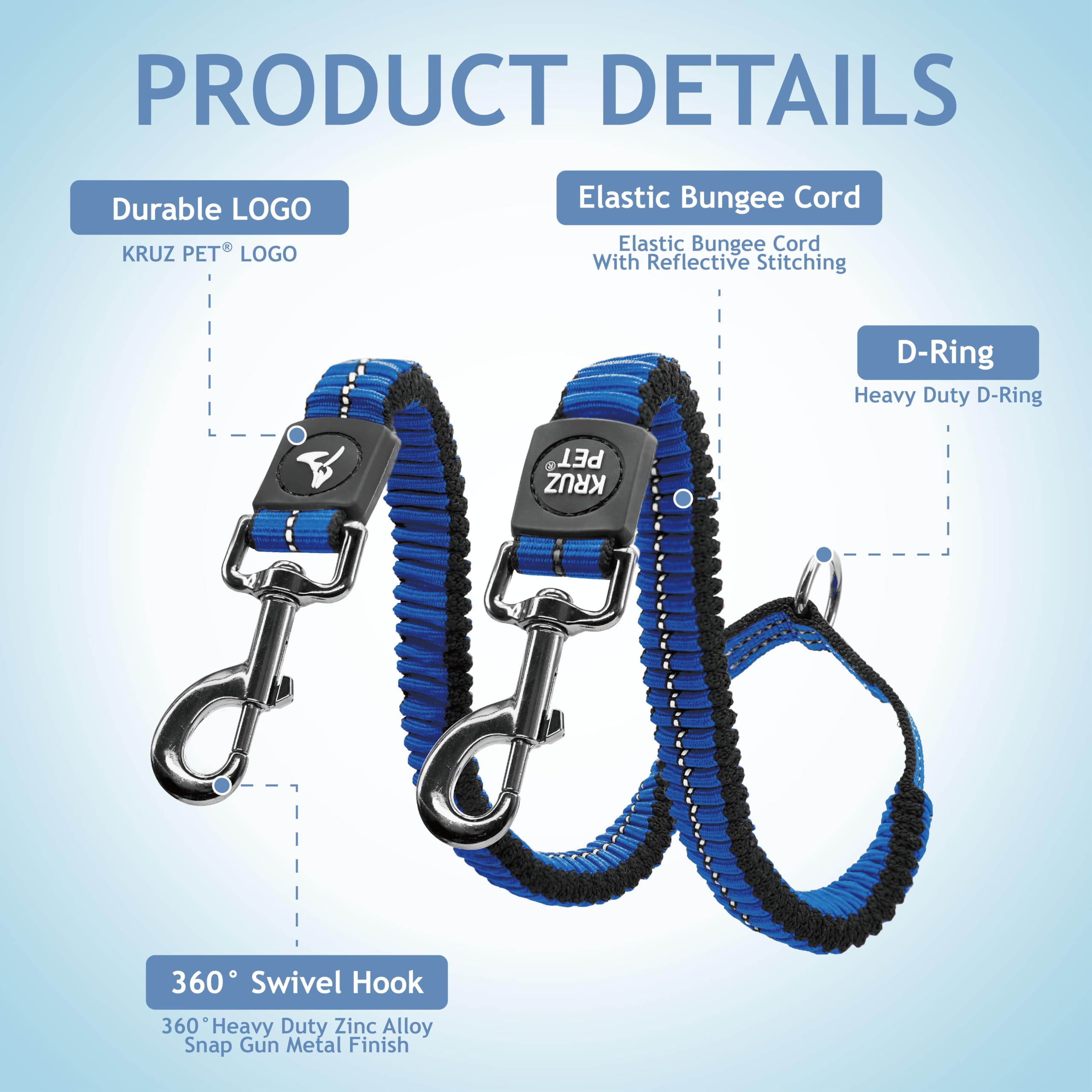 Kruz Double Dog Leash for Two Dogs – Large, Blue, 1" Wide, 20"-42" Adjustable with Reflective Bungee