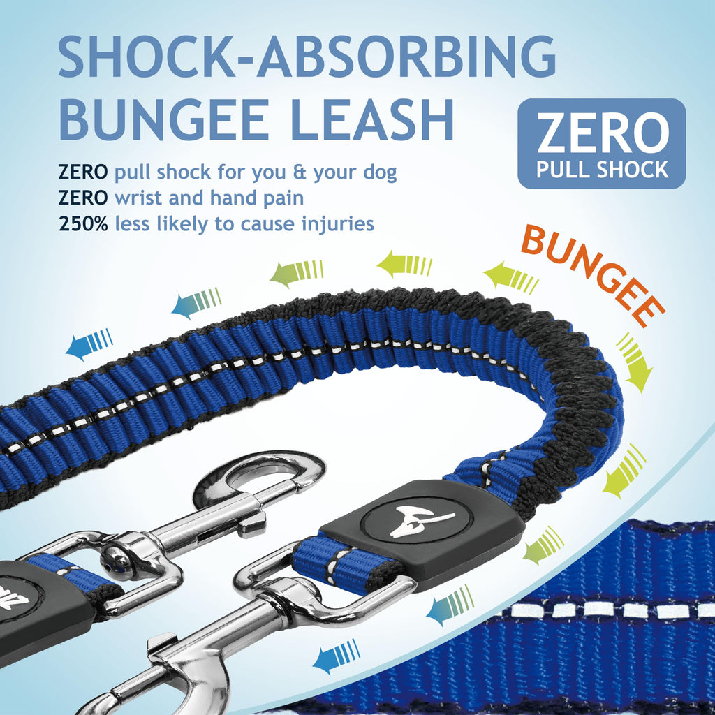 Kruz Double Dog Leash for Two Dogs – Large, Blue, 1" Wide, 20"-42" Adjustable with Reflective Bungee