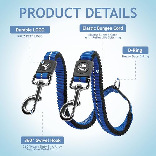 Kruz Double Dog Leash for Two Dogs – Large, Blue, 1" Wide, 20"-42" Adjustable with Reflective Bungee