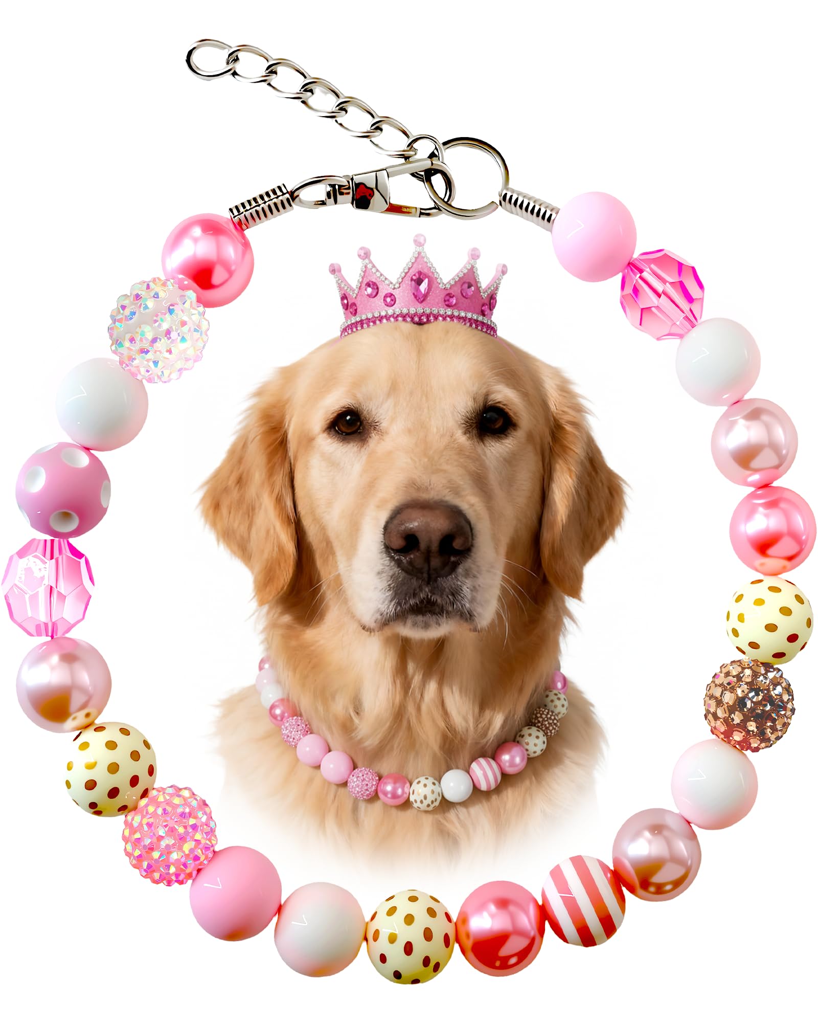 KUDES Valentine's Day Dog Collar - Bubblegum Pink Beads & Pearls, Medium/Large Breeds, Size L