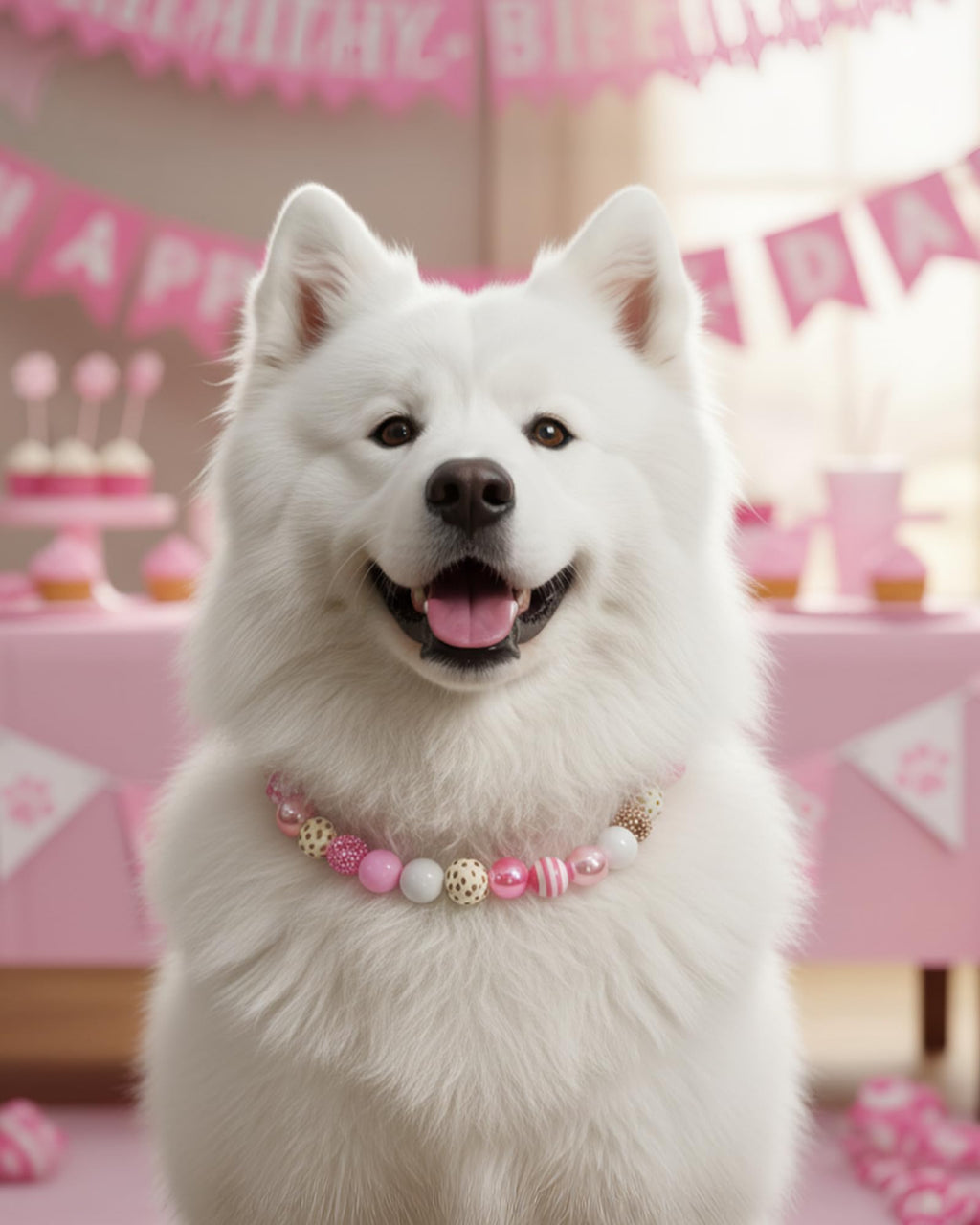 KUDES Valentine's Day Dog Collar - Bubblegum Pink Beads & Pearls, Medium/Large Breeds, Size L