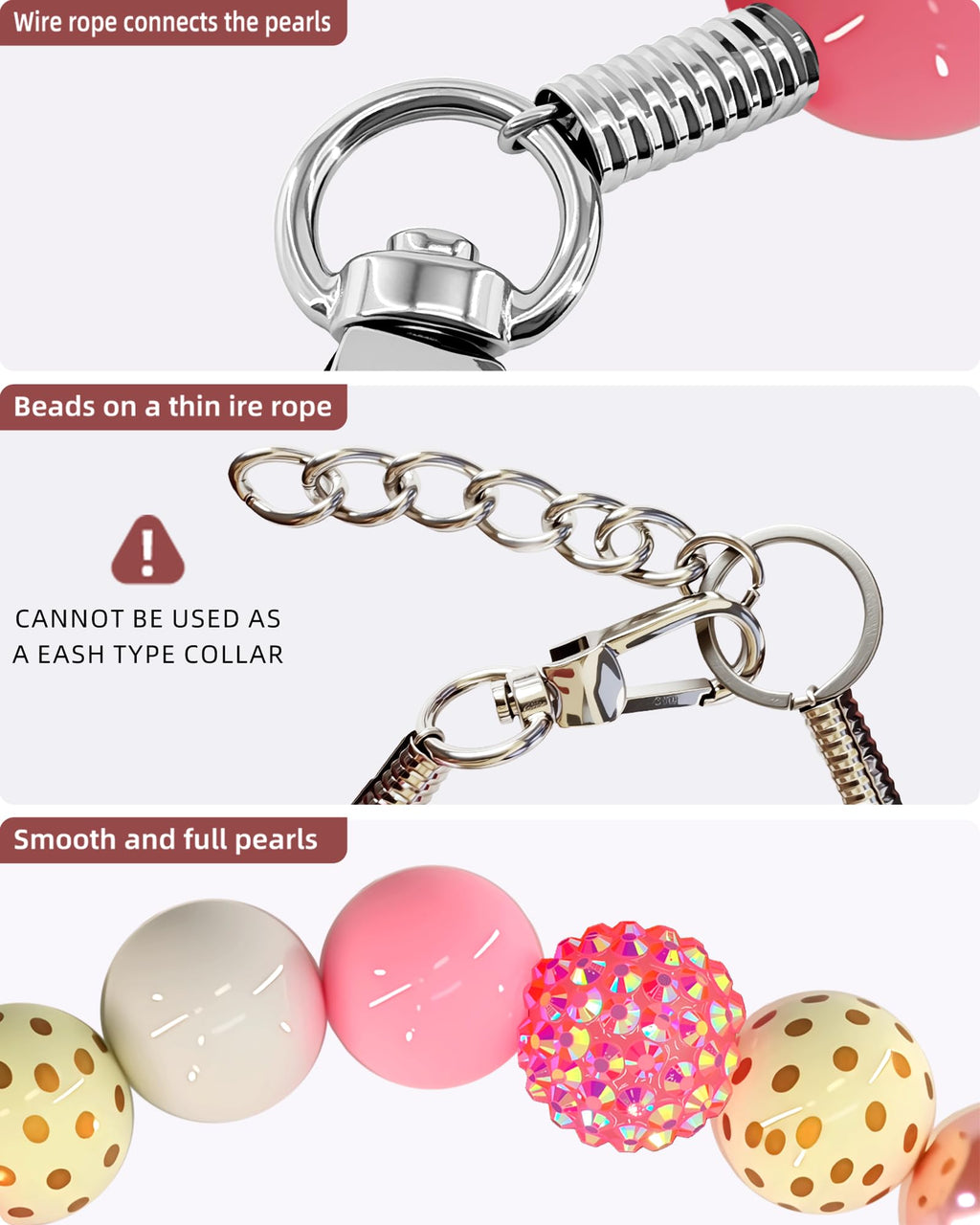 KUDES Valentine's Day Dog Collar - Bubblegum Pink Beads & Pearls, Medium/Large Breeds, Size L
