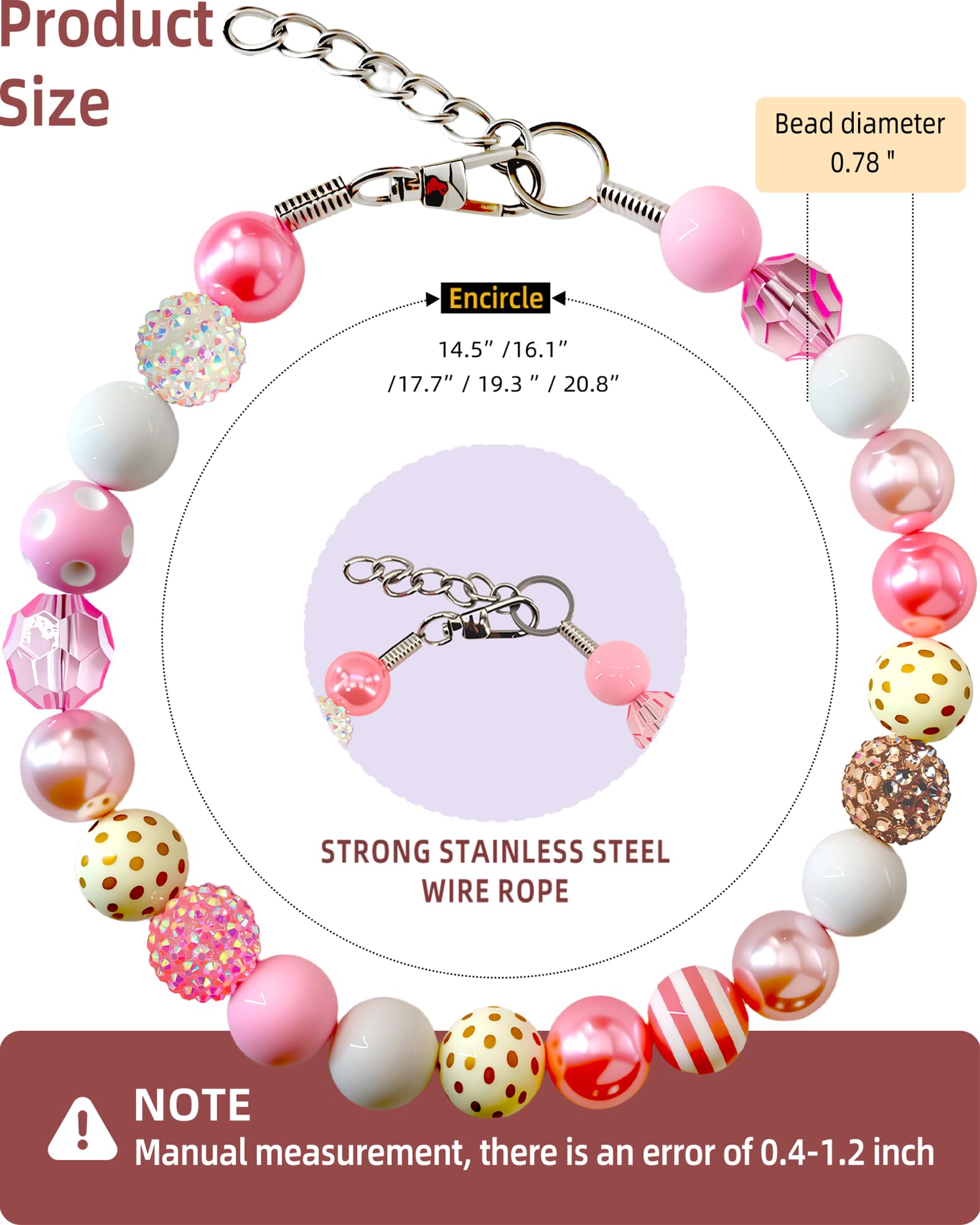KUDES Valentine's Day Dog Collar - Bubblegum Pink Beads & Pearls, Medium/Large Breeds, Size L