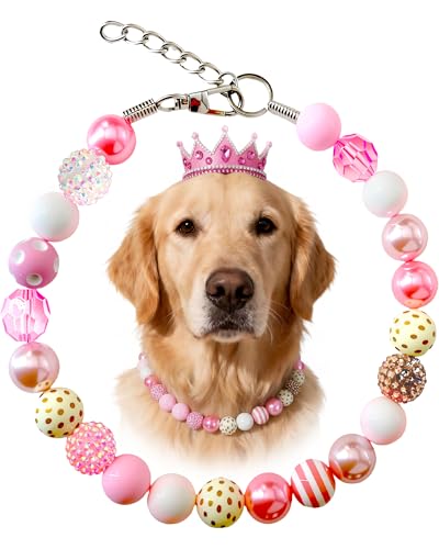 KUDES Valentine's Day Dog Collar - Bubblegum Pink Beads & Pearls, Medium/Large Breeds, Size L