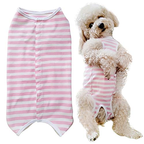 Kukaster Pet Recovery Suit for Dogs – Pink White Stripe XXS – Post-Surgery Wound Protection Shirt