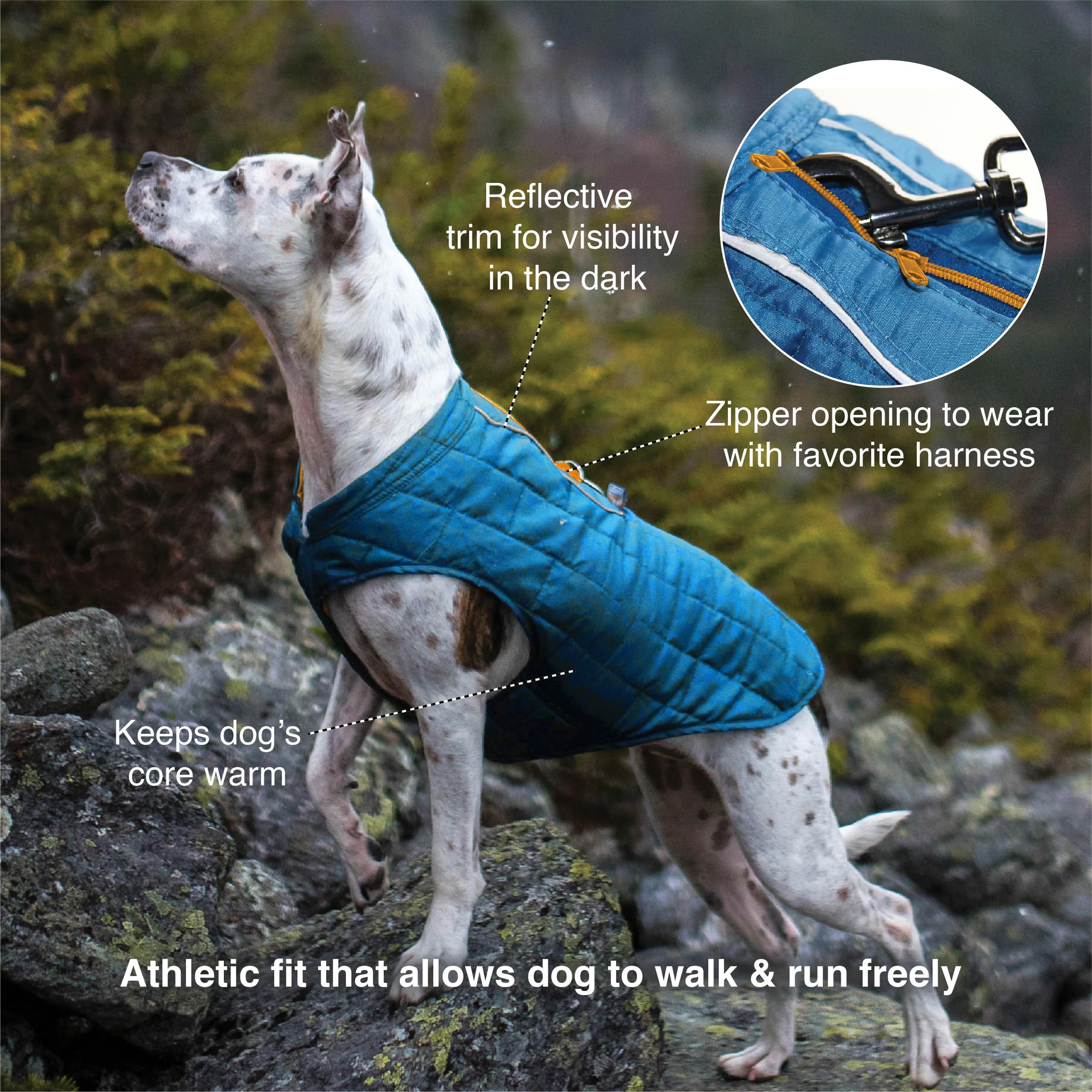 Kurgo Loft Dog Jacket Medium Coastal Blue - Reversible Insulated Coat with 2-Way Zipper and Reflective Trim