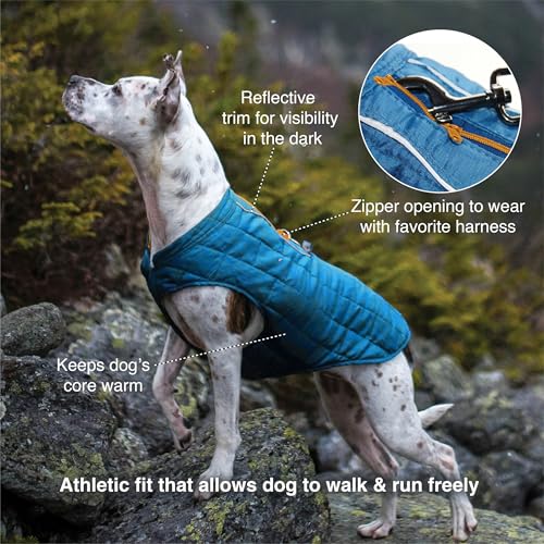 Kurgo Loft Dog Jacket Medium Coastal Blue - Reversible Insulated Coat with 2-Way Zipper and Reflective Trim