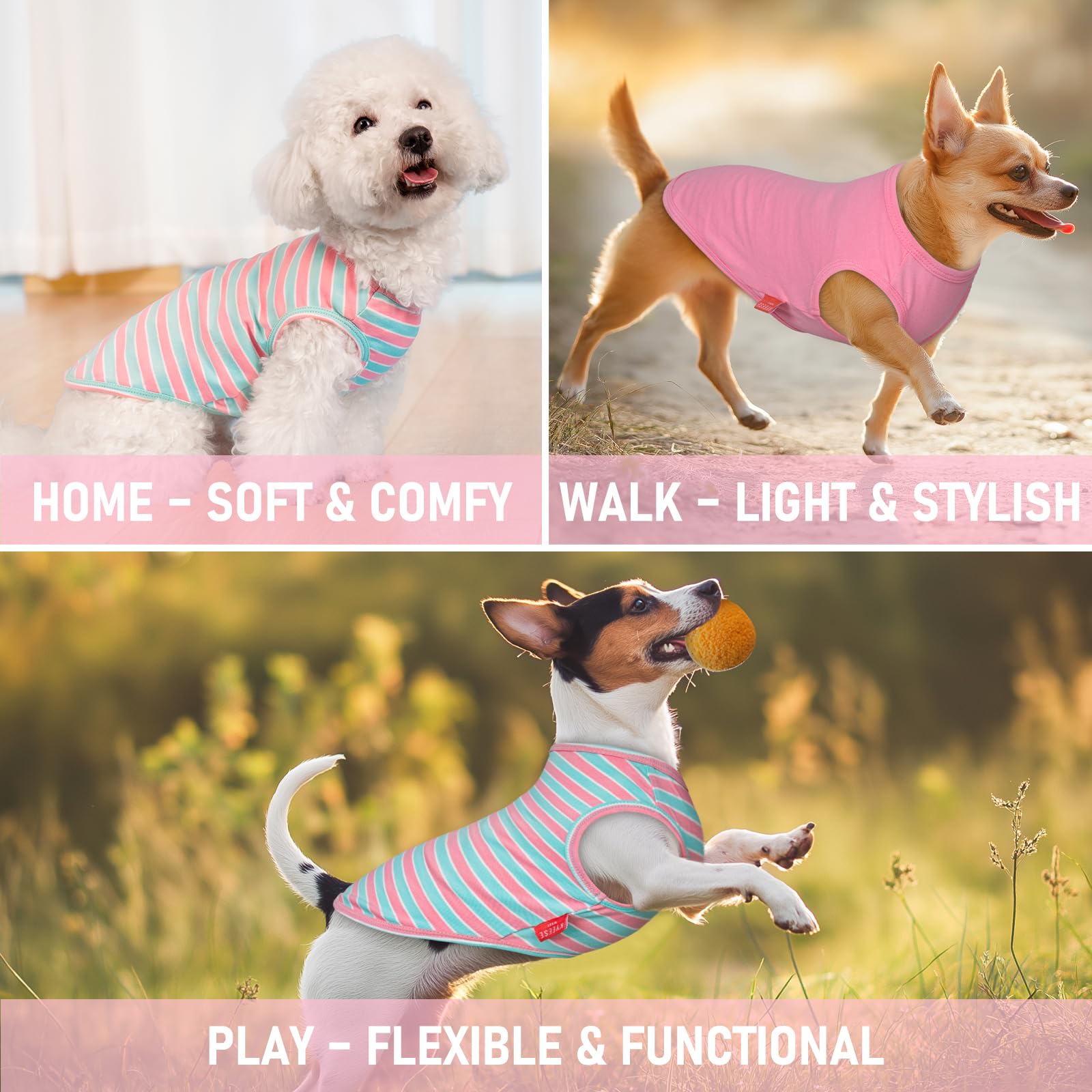 KYEESE 2-Pack Striped Dog Shirt – Soft Cotton Tank Top for Small Dogs (Pink, Medium)