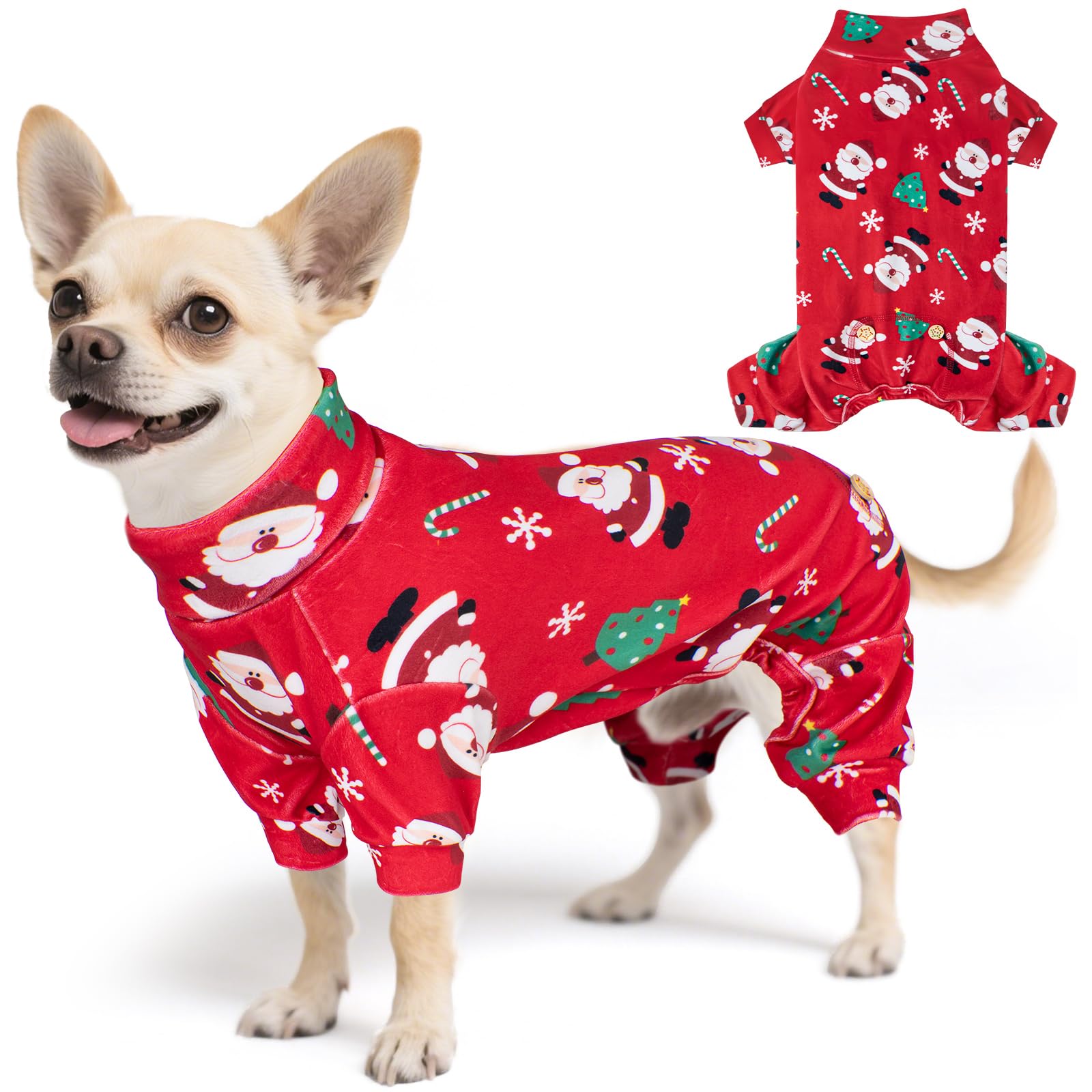 KYEESE Christmas Dog Pajamas – Santa Claus Turtleneck Onesie for Small Dogs, Soft Velvet, Warm Holiday Outfit (Small, 6-11 lbs)