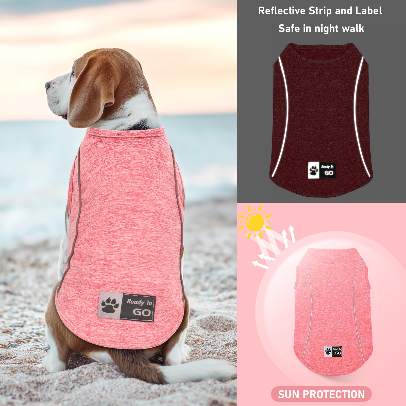 KYEESE Reflective Dog Shirt - Lightweight Sun Protection Tank Top for Small Dogs, Coral Red, Large (13-19 lbs)