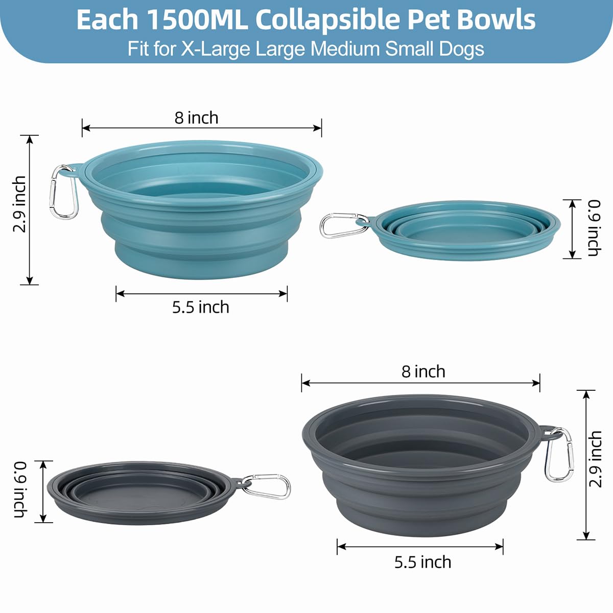 Kytely Collapsible Dog Bowls 2 Pack - X-Large 1500ml Portable Pet Food & Water Bowl for Travel, Hiking, Camping - Foldable Feeding Dish with Carabiner Clip for Dogs & Cats (Blue & Grey)