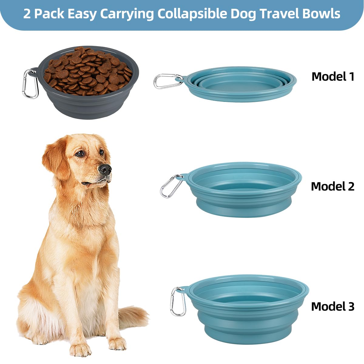 Kytely Collapsible Dog Bowls 2 Pack - X-Large 1500ml Portable Pet Food & Water Bowl for Travel, Hiking, Camping - Foldable Feeding Dish with Carabiner Clip for Dogs & Cats (Blue & Grey)