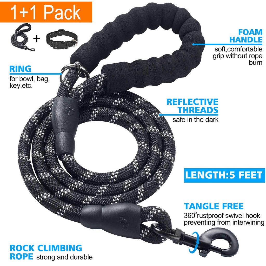 Ladoogo Reflective Dog Collar – Padded Neoprene, Adjustable Nylon, with Free 5ft Leash (Large, Black)