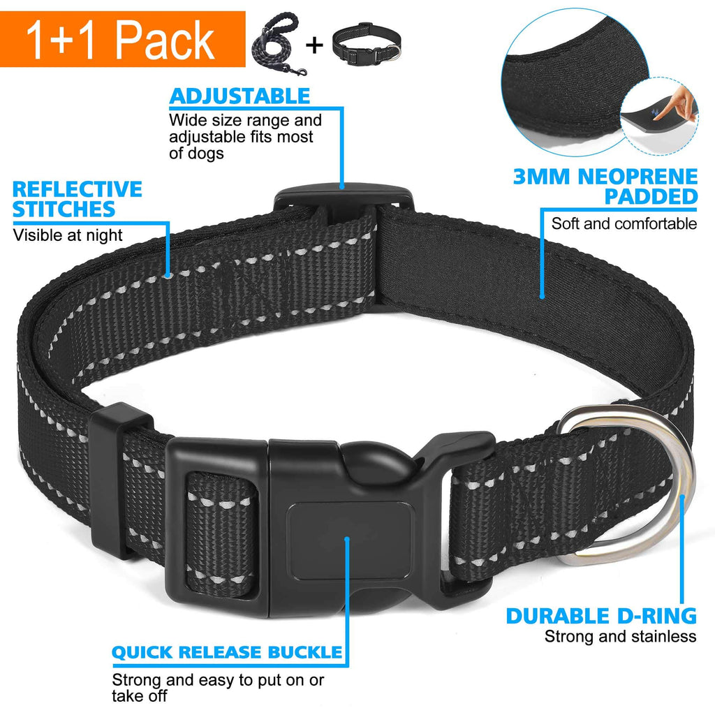 Ladoogo Reflective Dog Collar – Padded Neoprene, Adjustable Nylon, with Free 5ft Leash (Large, Black)