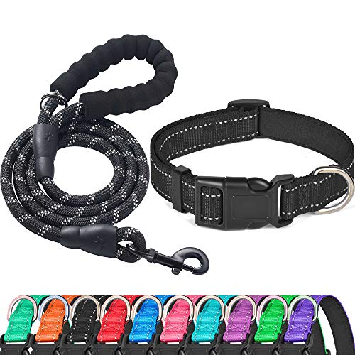 Ladoogo Reflective Dog Collar – Padded Neoprene, Adjustable Nylon, with Free 5ft Leash (Large, Black)