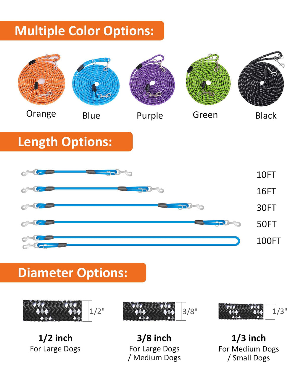 Lanwandeng Long Training Leash 10-100FT, Reflective Rope Check Cord, Heavy Duty for Large, Medium, Small Dogs