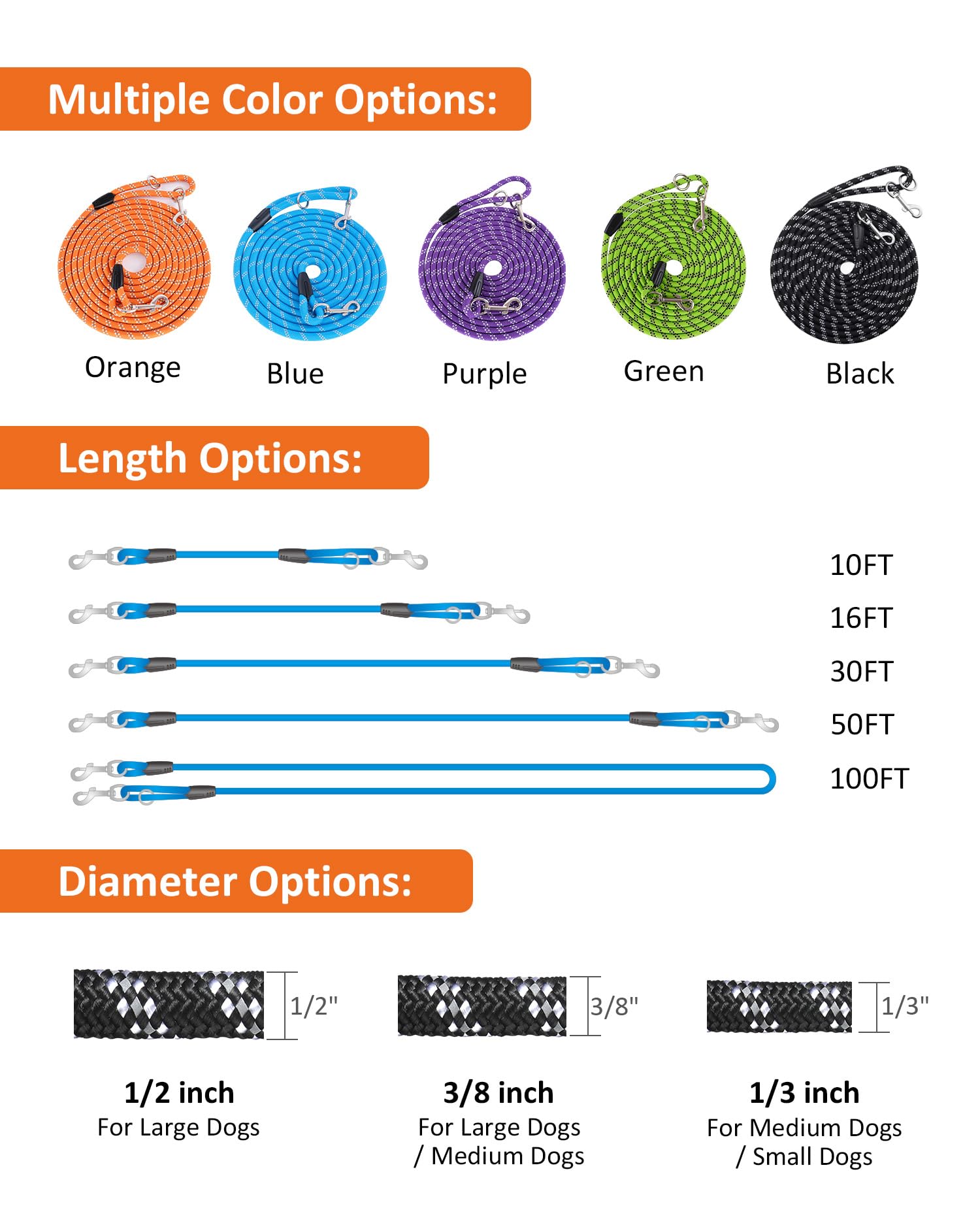 Lanwandeng Long Training Leash 10-100FT, Reflective Rope Check Cord, Heavy Duty for Large, Medium, Small Dogs