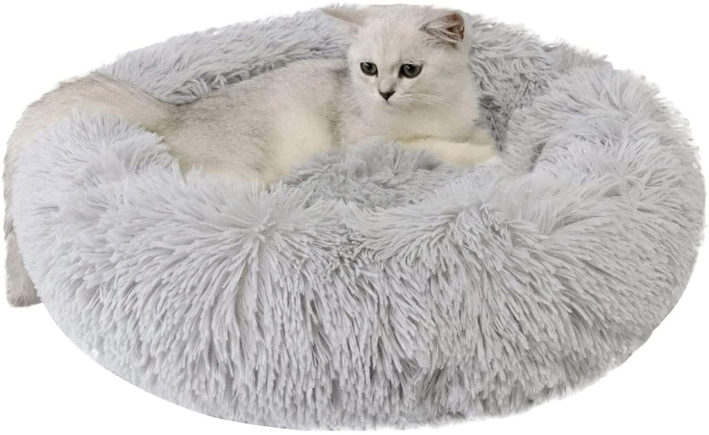 Large 24-Inch Donut Cat Bed with Faux Fur – Washable Round Bed for Small Dogs & Cats