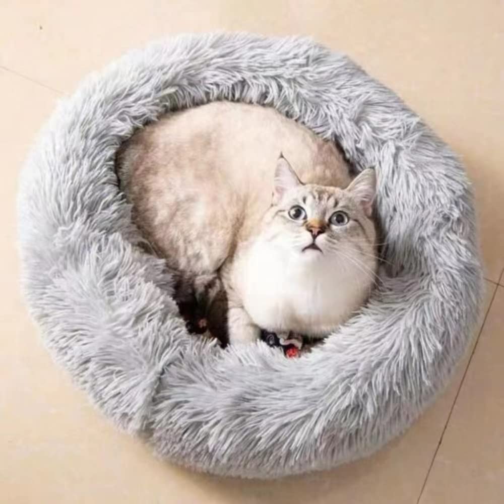 Large 24-Inch Donut Cat Bed with Faux Fur – Washable Round Bed for Small Dogs & Cats