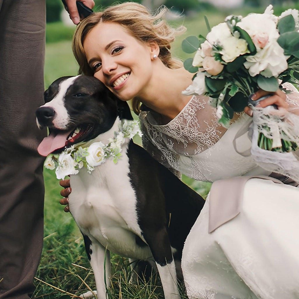 Large Dog Wedding Flower Collar & Pearl Beaded Leash Set – Elegant White Floral Attire for Pets