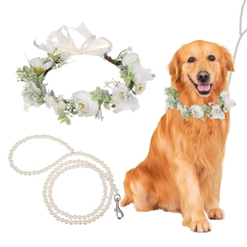 Large Dog Wedding Flower Collar & Pearl Beaded Leash Set – Elegant White Floral Attire for Pets