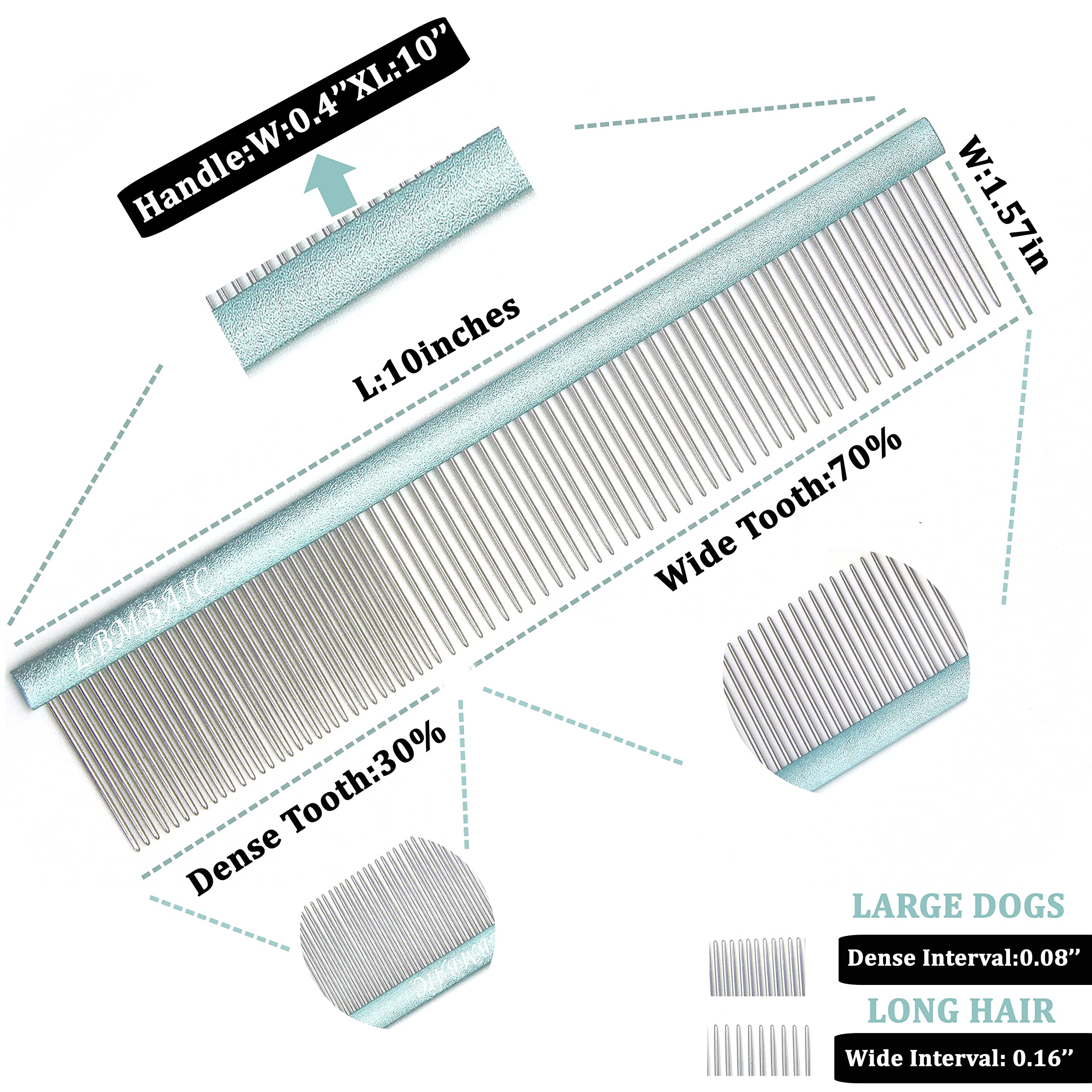 LBMBAIC 10-Inch Large Dog Metal Grooming Comb – Double-Sided for Shedding & Matted Hair (Blue)