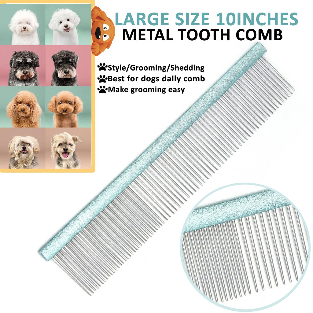 LBMBAIC 10-Inch Large Dog Metal Grooming Comb – Double-Sided for Shedding & Matted Hair (Blue)