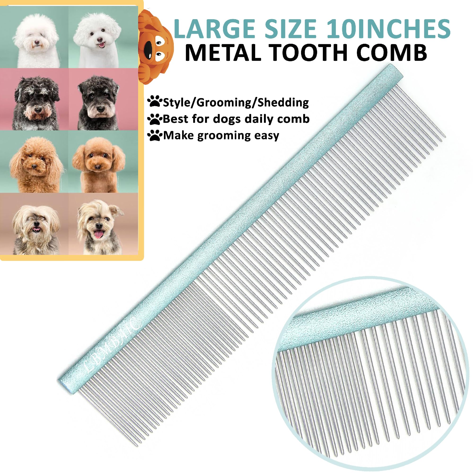 LBMBAIC 10-Inch Large Dog Metal Grooming Comb – Double-Sided for Shedding & Matted Hair (Blue)