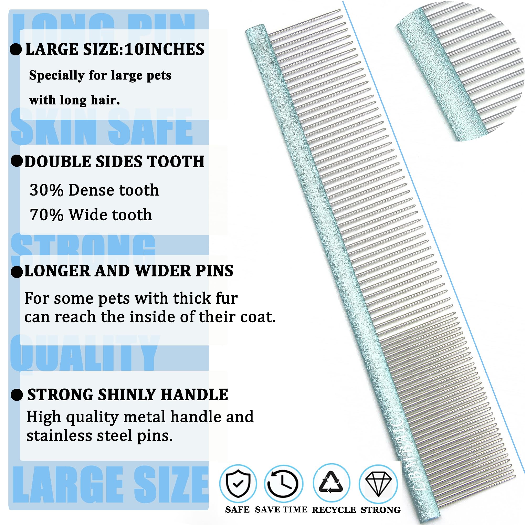LBMBAIC 10-Inch Large Dog Metal Grooming Comb – Double-Sided for Shedding & Matted Hair (Blue)