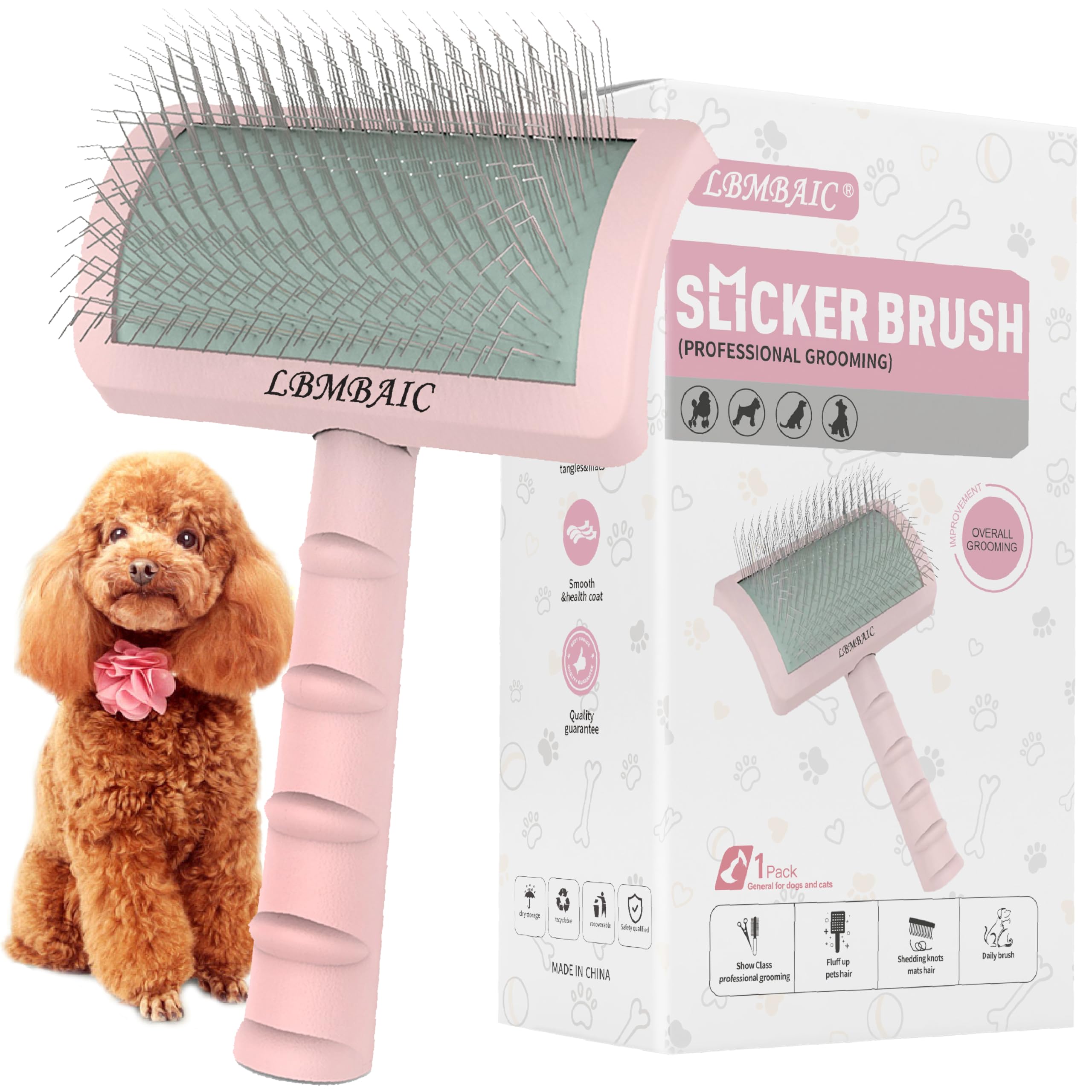 LBMBAIC Slicker Brush for Dogs with Thick Fur - 25mm Soft Pins, Pink