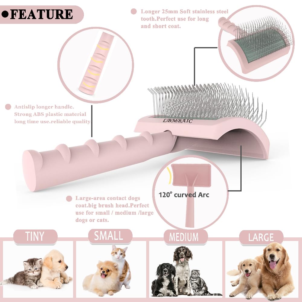 LBMBAIC Slicker Brush for Dogs with Thick Fur - 25mm Soft Pins, Pink