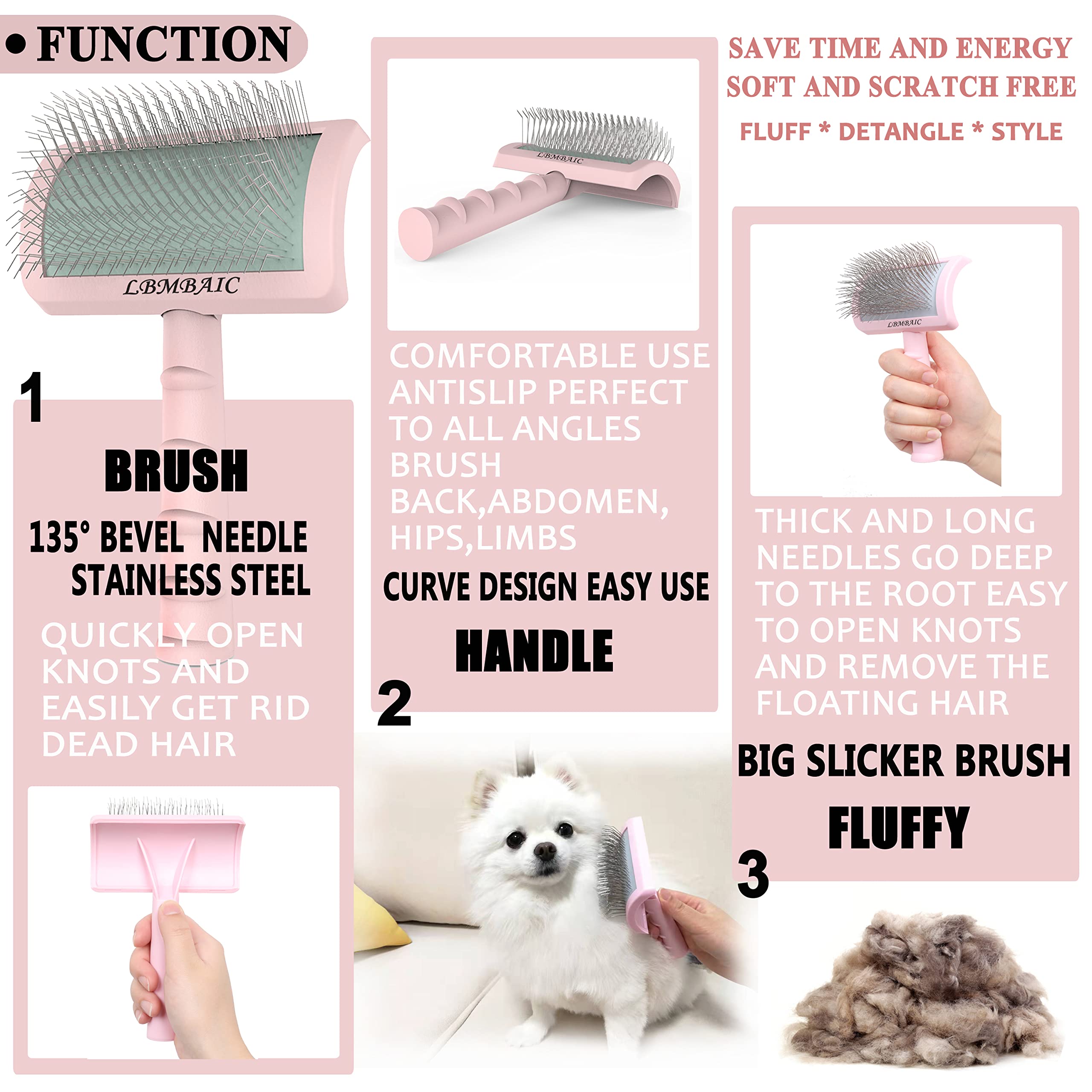LBMBAIC Slicker Brush for Dogs with Thick Fur - 25mm Soft Pins, Pink