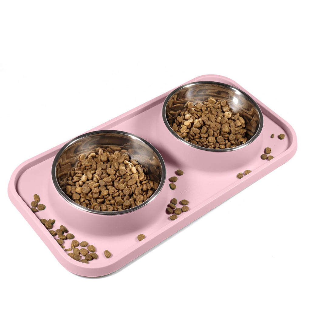 L.D.Dog Non-Spill Cat Bowls with Silicone Mat, Elevated Stainless Steel Pet Dishes for Cats and Small Dogs, Light Pink