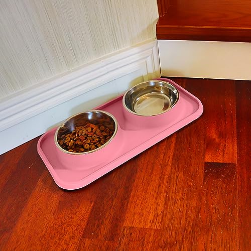 L.D.Dog Non-Spill Cat Bowls with Silicone Mat, Elevated Stainless Steel Pet Dishes for Cats and Small Dogs, Light Pink