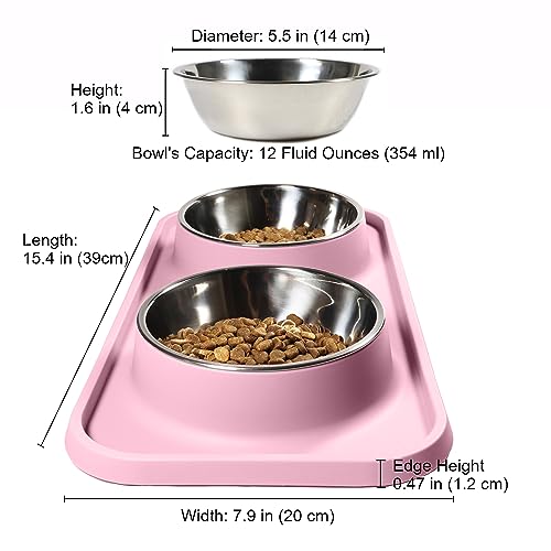 L.D.Dog Non-Spill Cat Bowls with Silicone Mat, Elevated Stainless Steel Pet Dishes for Cats and Small Dogs, Light Pink