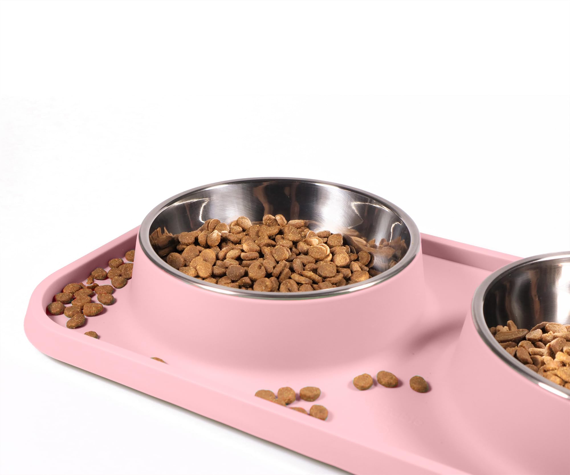 L.D.Dog Non-Spill Cat Bowls with Silicone Mat, Elevated Stainless Steel Pet Dishes for Cats and Small Dogs, Light Pink