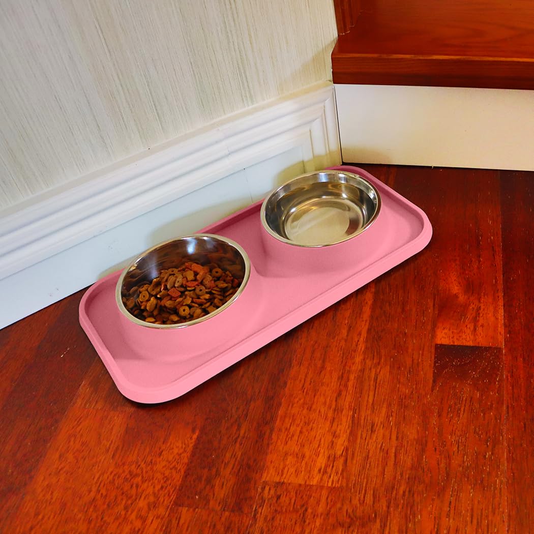 L.D.Dog Non-Spill Cat Bowls with Silicone Mat, Elevated Stainless Steel Pet Dishes for Cats and Small Dogs, Light Pink