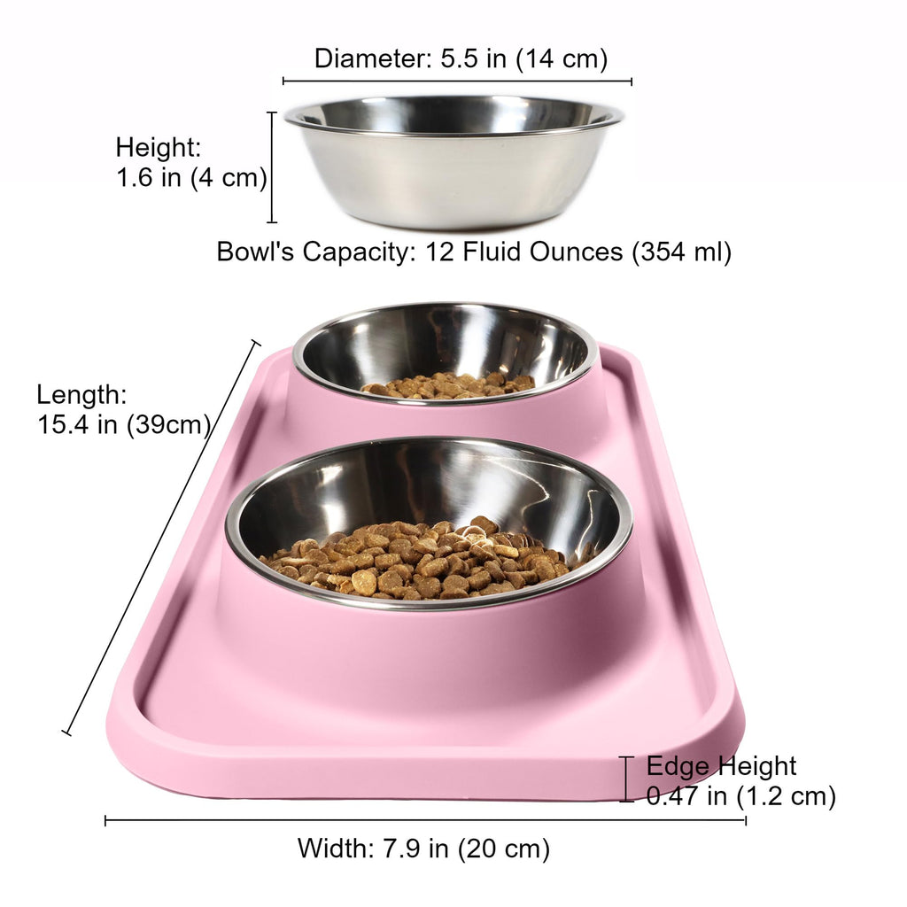 L.D.Dog Non-Spill Cat Bowls with Silicone Mat, Elevated Stainless Steel Pet Dishes for Cats and Small Dogs, Light Pink