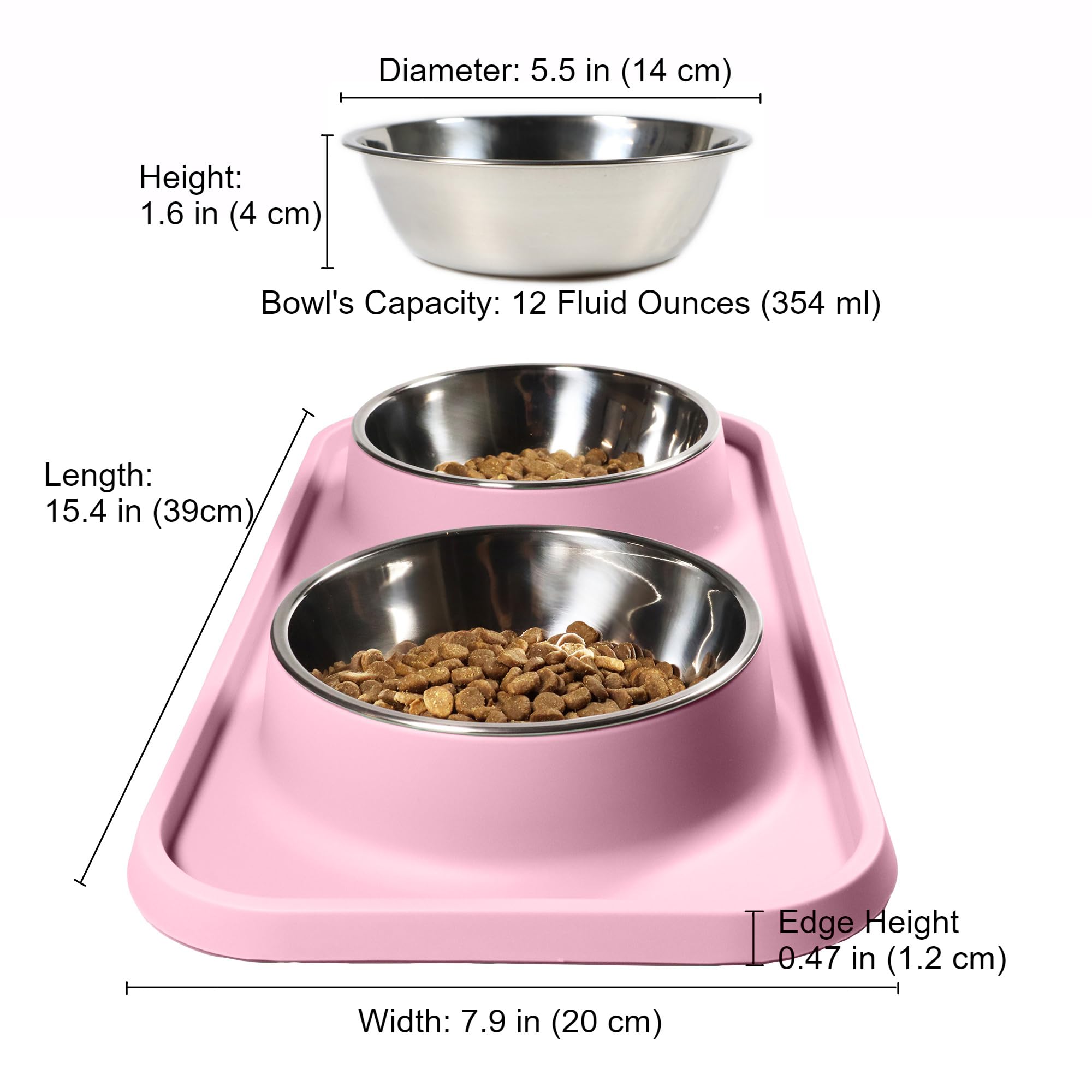 L.D.Dog Non-Spill Cat Bowls with Silicone Mat, Elevated Stainless Steel Pet Dishes for Cats and Small Dogs, Light Pink