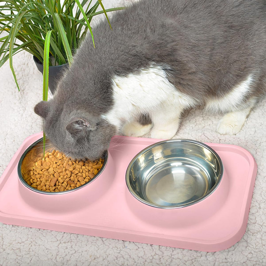 L.D.Dog Non-Spill Cat Bowls with Silicone Mat, Elevated Stainless Steel Pet Dishes for Cats and Small Dogs, Light Pink