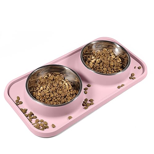 L.D.Dog Non-Spill Cat Bowls with Silicone Mat, Elevated Stainless Steel Pet Dishes for Cats and Small Dogs, Light Pink