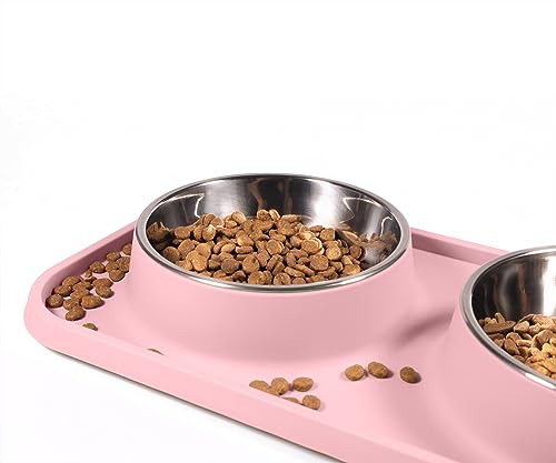 L.D.Dog Non-Spill Cat Bowls with Silicone Mat, Elevated Stainless Steel Pet Dishes for Cats and Small Dogs, Light Pink
