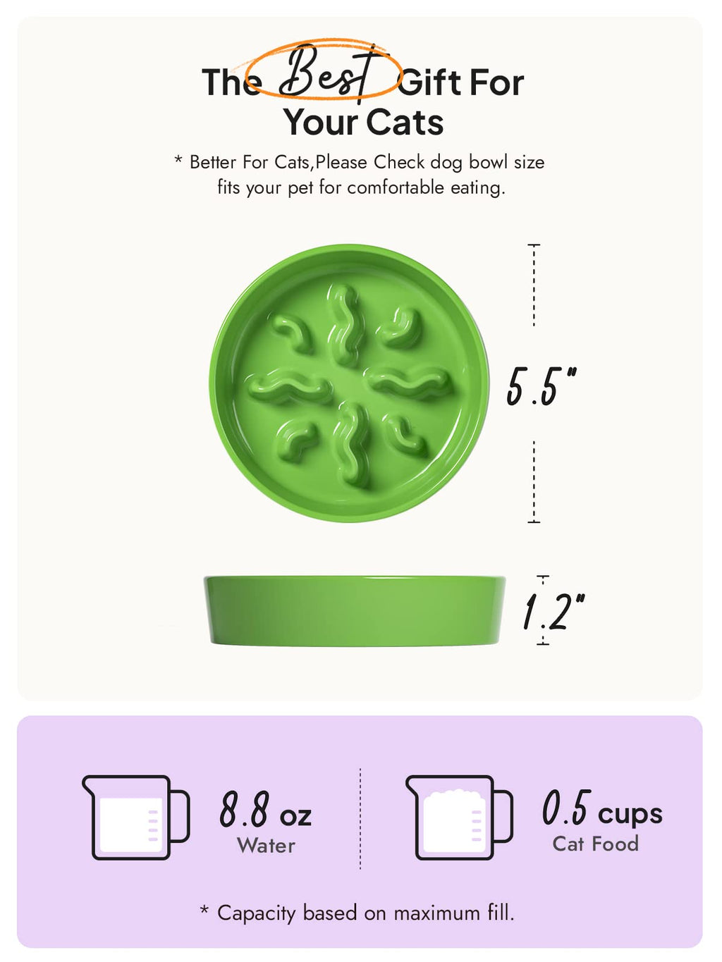 LE TAUCI PET Ceramic Slow Feeder Bowl – Green, 5.5 Inch, 0.5 Cup for Small Dogs & Cats