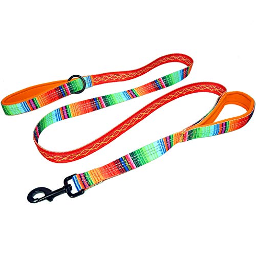 Leash Boss Double Handle 6ft Reflective Dog Leash with Padded Handle - Orange Blanket Pattern