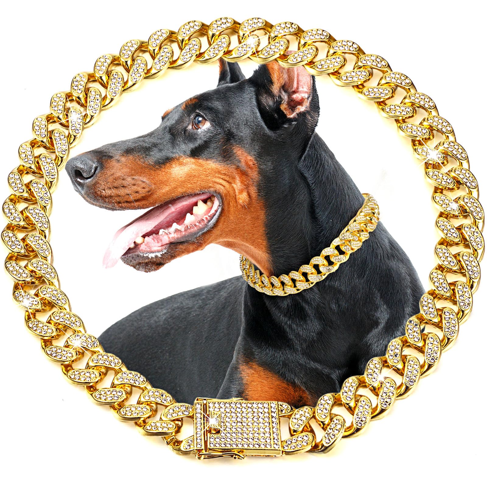 LEIFIDE Gold Dog Chain Collar – 20mm Wide, 22 Inch, Zinc Alloy with Zirconia Diamonds for Medium Large Dogs