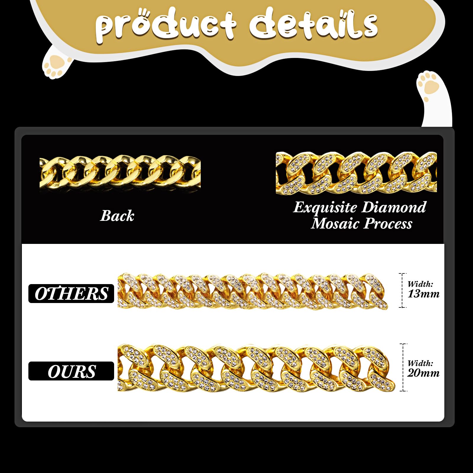LEIFIDE Gold Dog Chain Collar – 20mm Wide, 22 Inch, Zinc Alloy with Zirconia Diamonds for Medium Large Dogs
