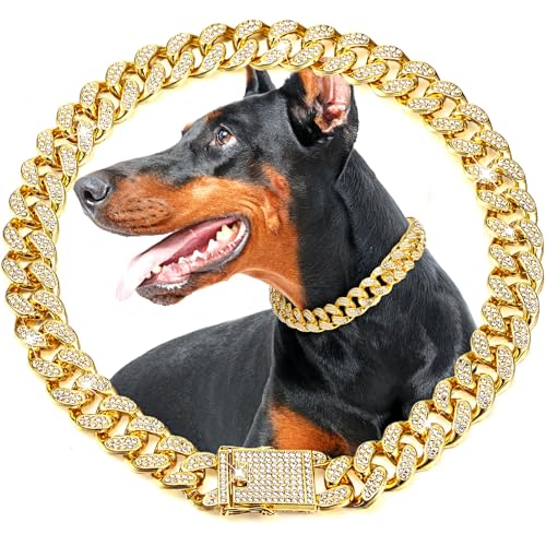 LEIFIDE Gold Dog Chain Collar – 20mm Wide, 22 Inch, Zinc Alloy with Zirconia Diamonds for Medium Large Dogs