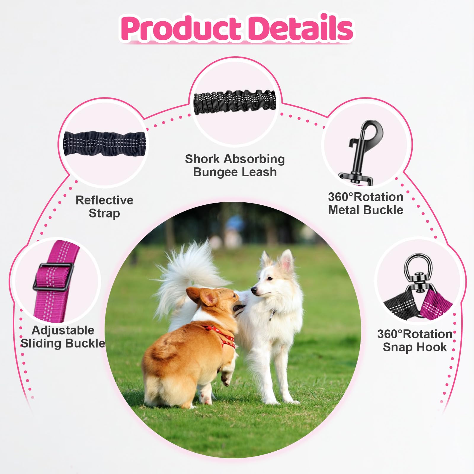 LEOSASA Double Dog Leash 360° Swivel Tangle-Free Splitter for Two Dogs, Fuchsia